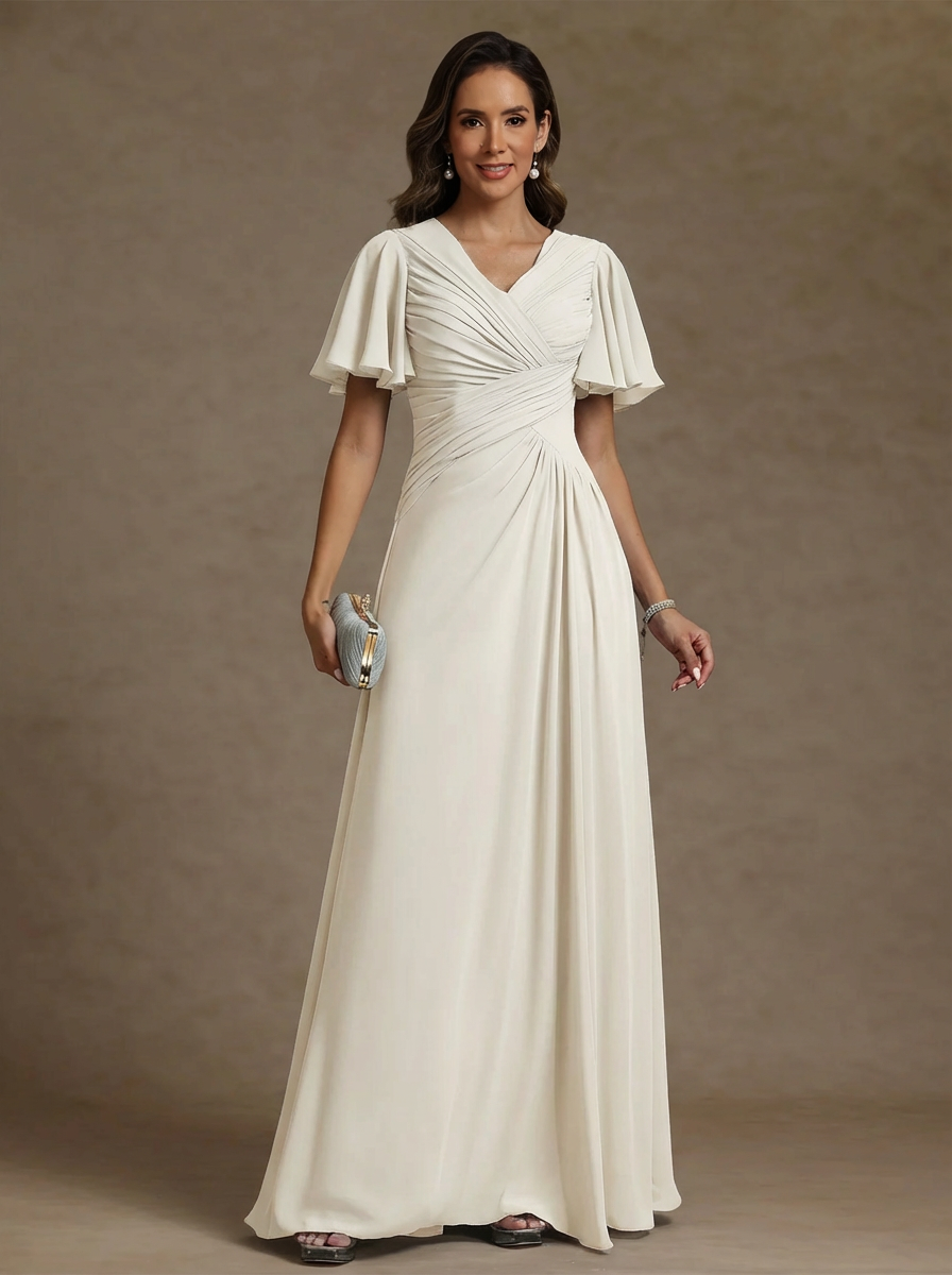 A-Line/Princess V-Neck Chiffon Mother of the Bride Dresses Floor-Length Ruched Short Sleeves