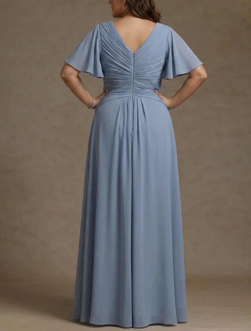 A-Line/Princess V-Neck Chiffon Plus Size Mother of the Bride Dresses Floor-Length Ruched Short Sleeves