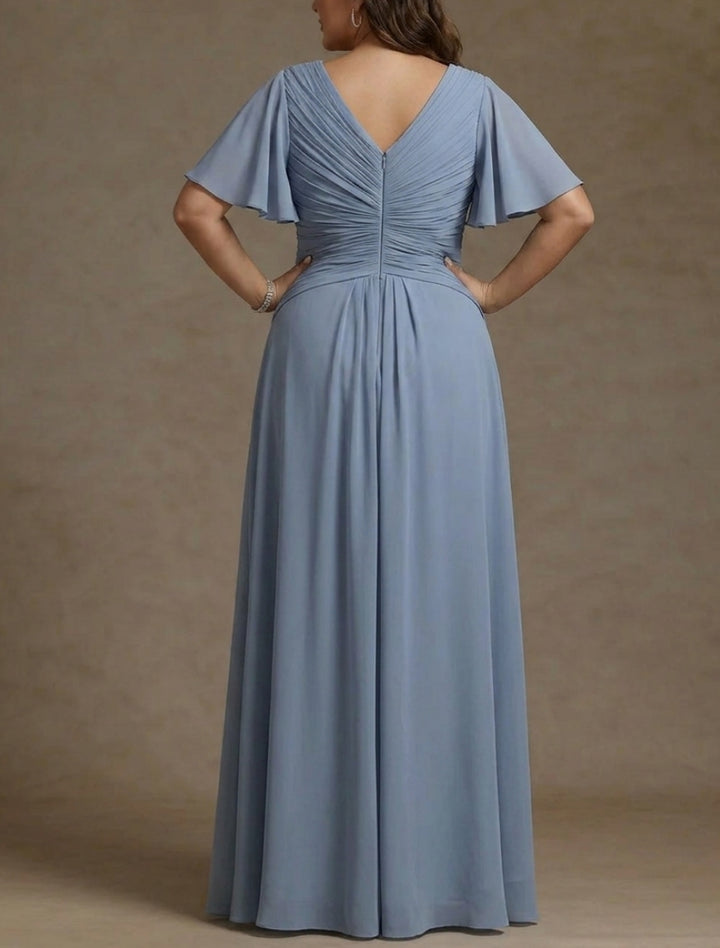 A-Line/Princess V-Neck Chiffon Plus Size Mother of the Bride Dresses Floor-Length Ruched Short Sleeves