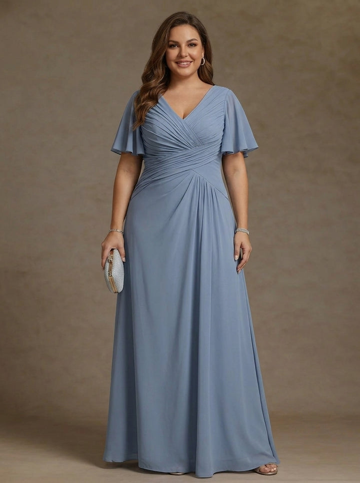A-Line/Princess V-Neck Chiffon Plus Size Mother of the Bride Dresses Floor-Length Ruched Short Sleeves