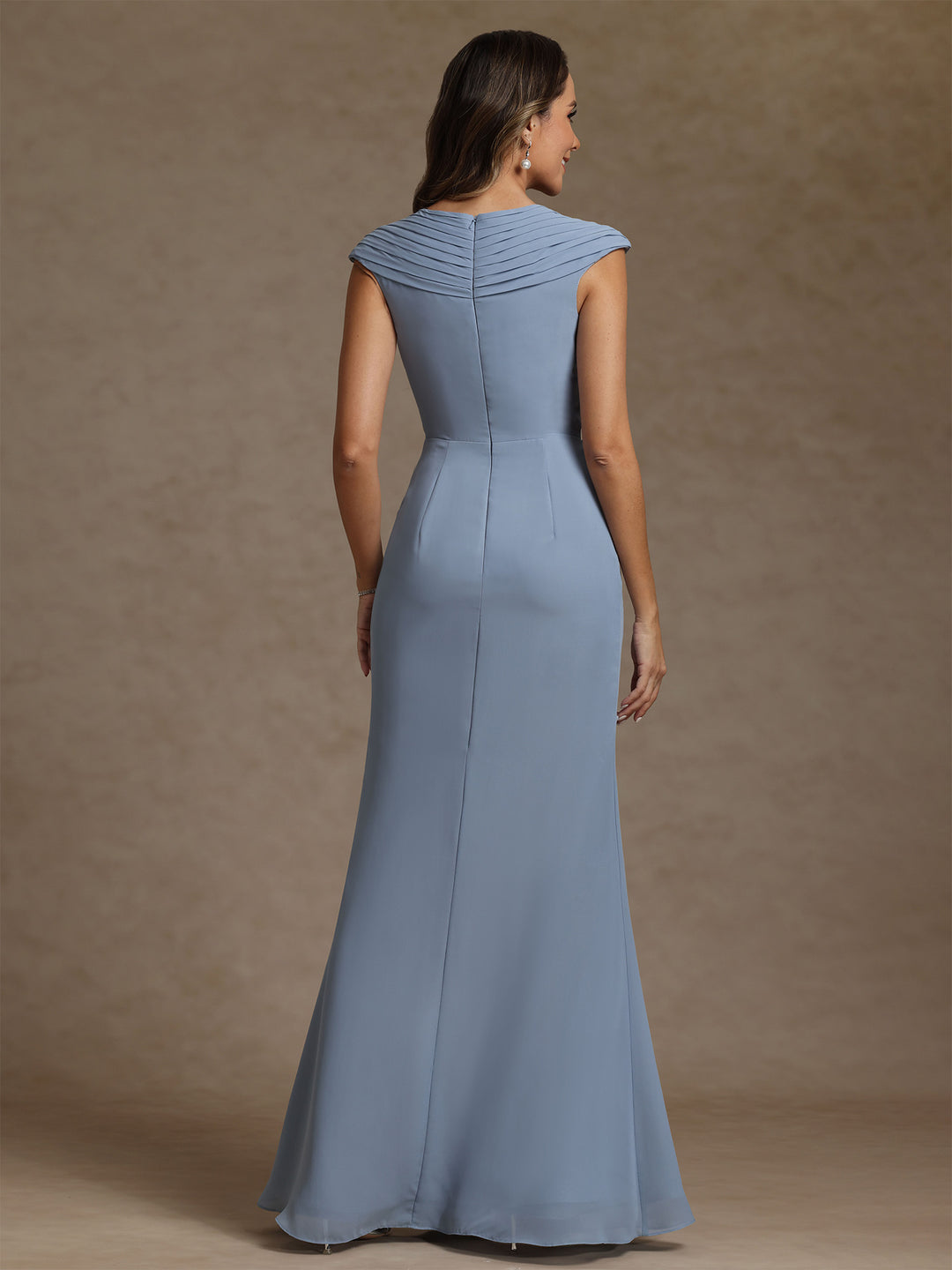 Sheath/Column V-Neck Chiffon Mother of the Bride Dresses with Spilt Side Floor-Length Ruched Sleeveless