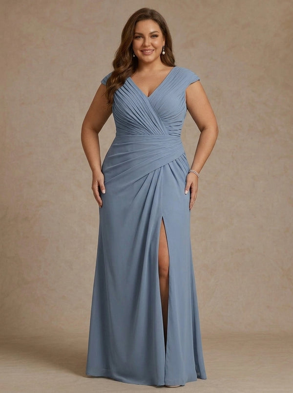 Sheath/Column V-Neck Chiffon Plus Size Mother of the Bride Dresses with Spilt Side Floor-Length Ruched Sleeveless