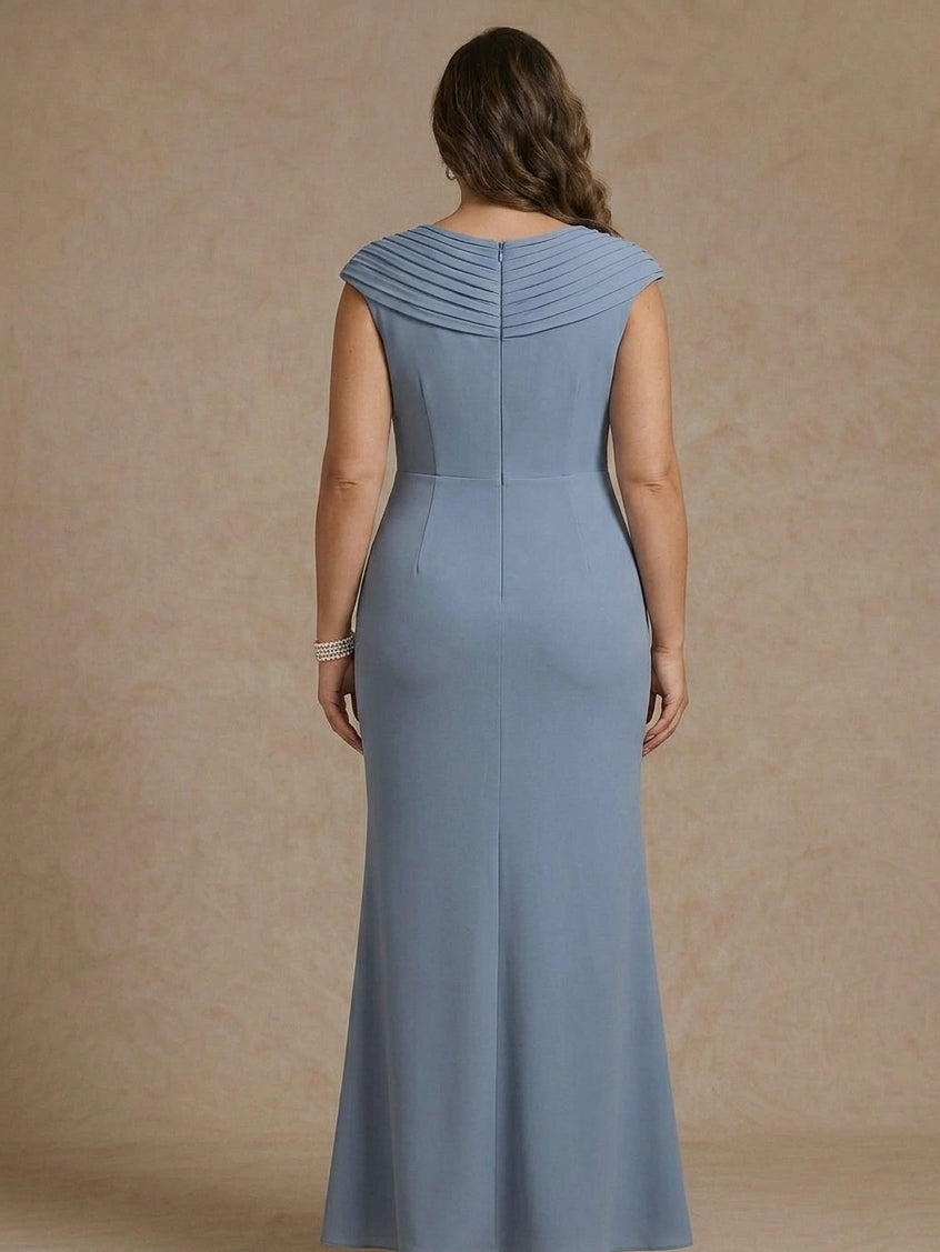 Sheath/Column V-Neck Chiffon Plus Size Mother of the Bride Dresses with Spilt Side Floor-Length Ruched Sleeveless