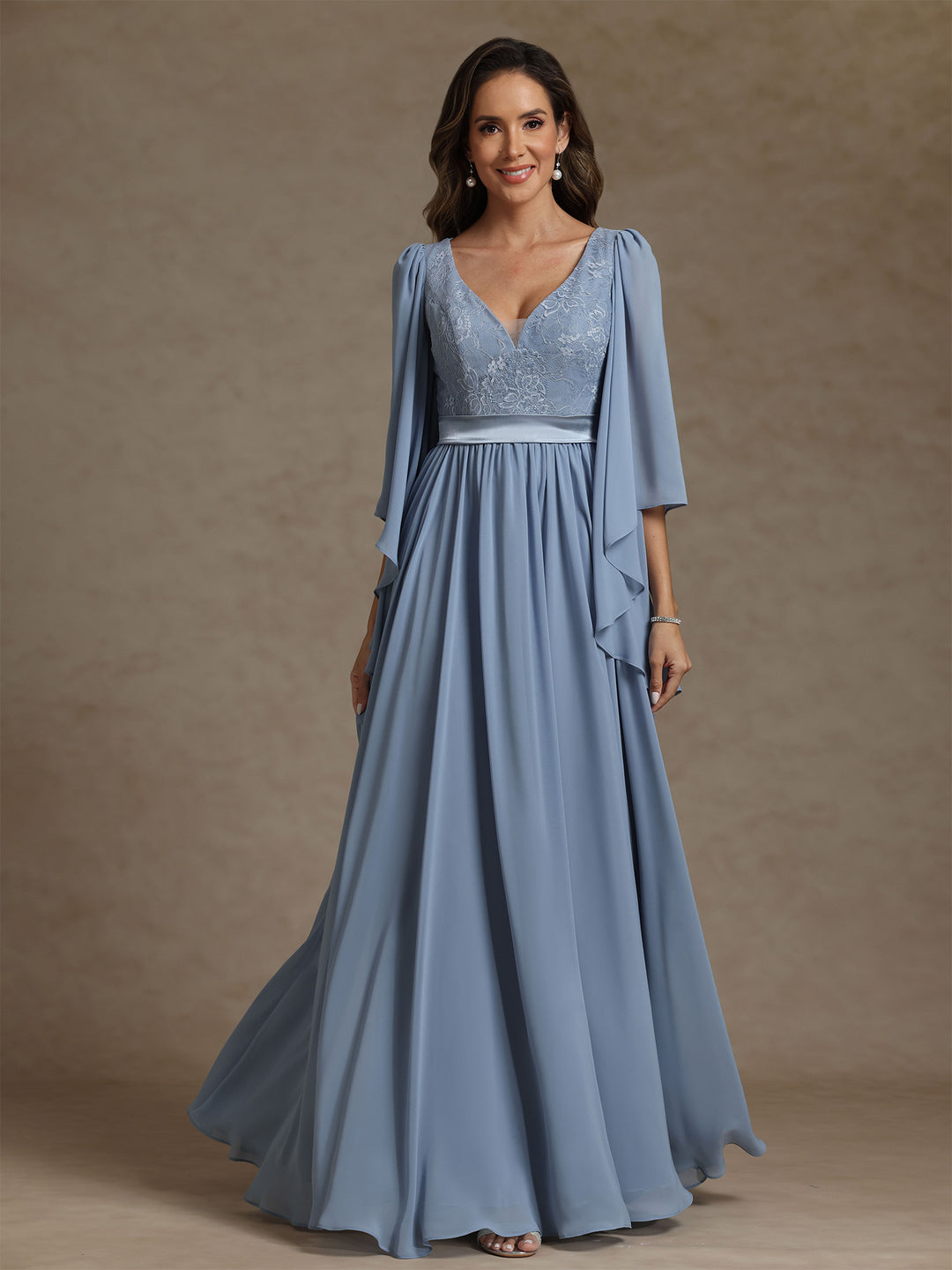 A-Line/Princess V-Neck Chiffon Mother of the Bride Dresses Lace Floor-Length 3/4 Sleeves Pleated