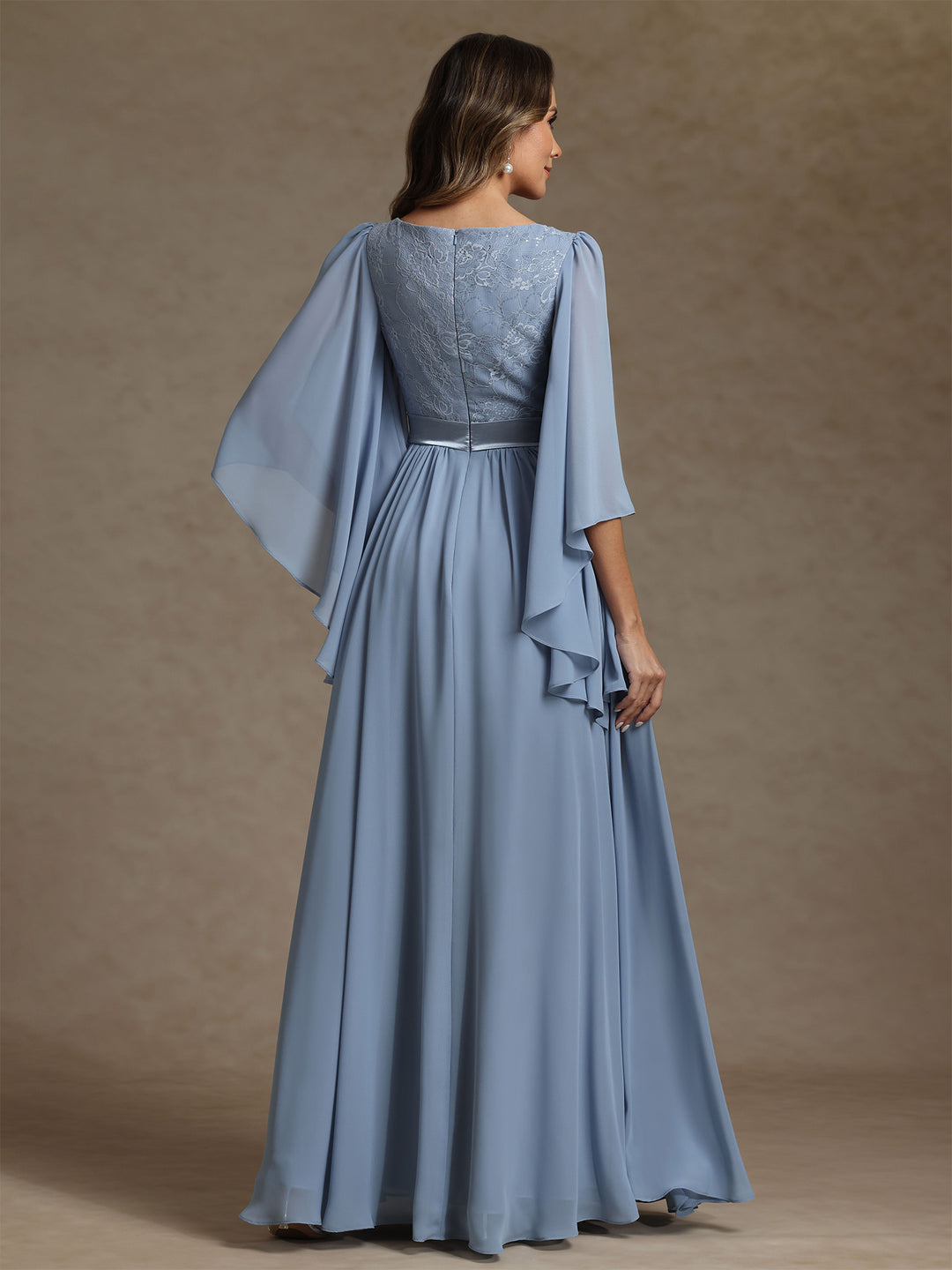 A-Line/Princess V-Neck Chiffon Mother of the Bride Dresses Lace Floor-Length 3/4 Sleeves Pleated