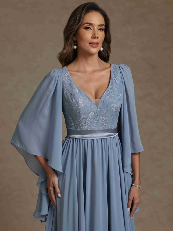A-Line/Princess V-Neck Chiffon Mother of the Bride Dresses Lace Floor-Length 3/4 Sleeves Pleated