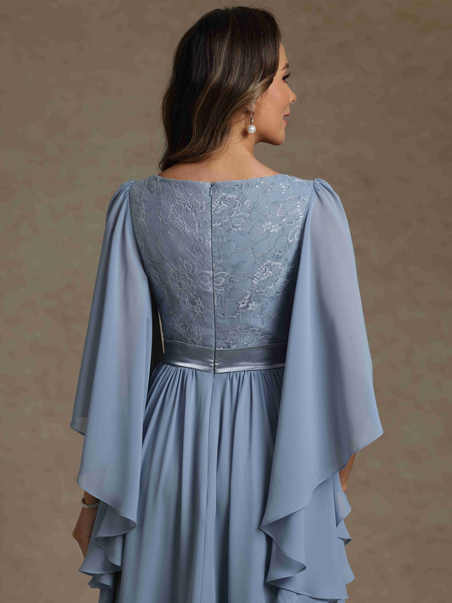 A-Line/Princess V-Neck Chiffon Mother of the Bride Dresses Lace Floor-Length 3/4 Sleeves Pleated