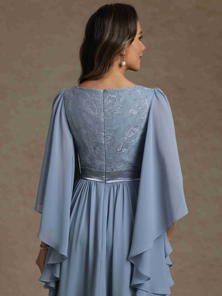 A-Line/Princess V-Neck Chiffon Mother of the Bride Dresses Lace Floor-Length 3/4 Sleeves Pleated