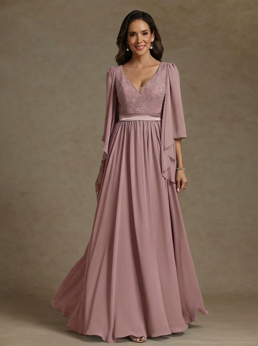 A-Line/Princess V-Neck Chiffon Mother of the Bride Dresses Lace Floor-Length 3/4 Sleeves Pleated