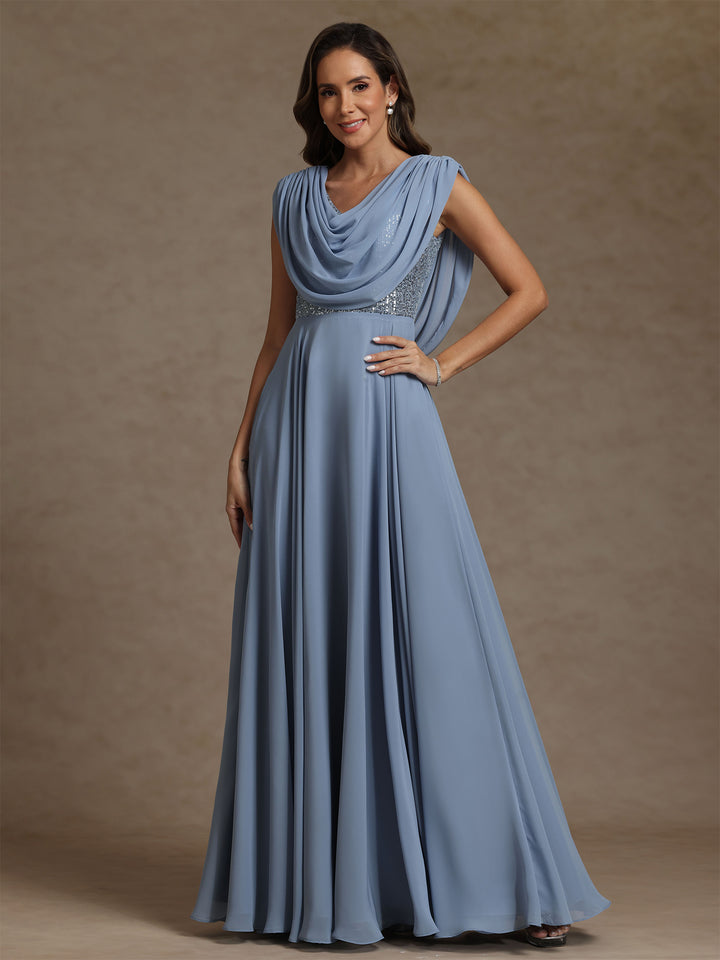 A-Line/Princess Cowl Neck Chiffon Mother of the Bride Dresses Floor-Length Sequins Sleeveless