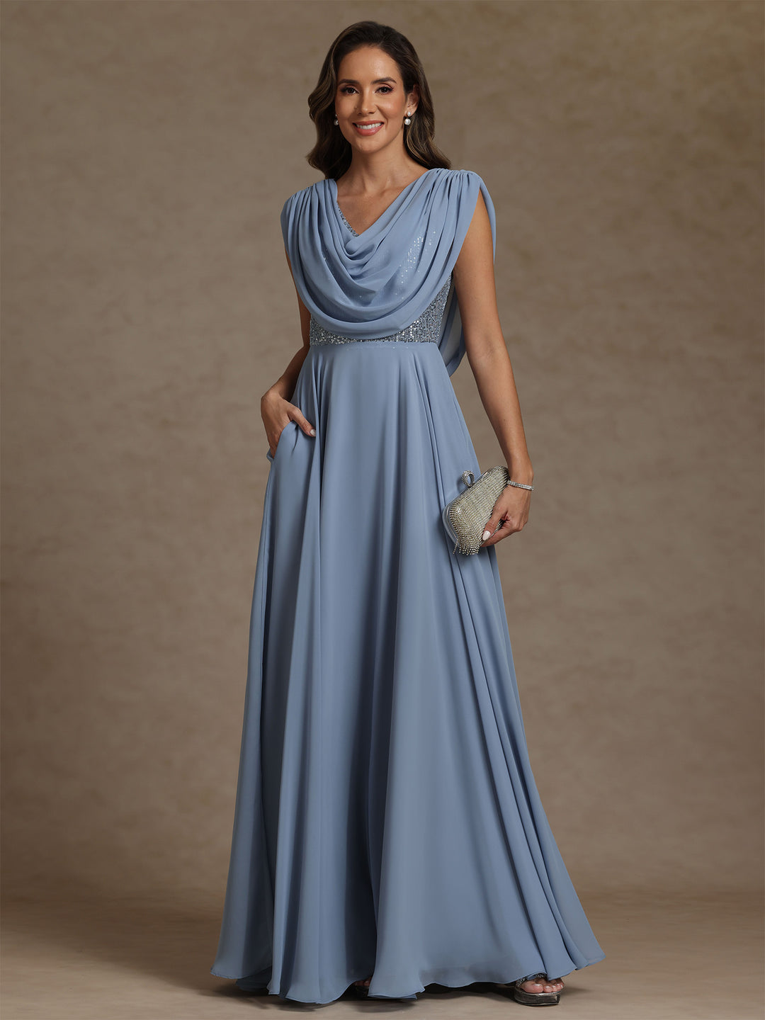 A-Line/Princess Cowl Neck Chiffon Mother of the Bride Dresses Floor-Length Sequins Sleeveless
