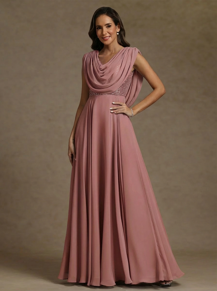 A-Line/Princess Cowl Neck Chiffon Mother of the Bride Dresses Floor-Length Sequins Sleeveless