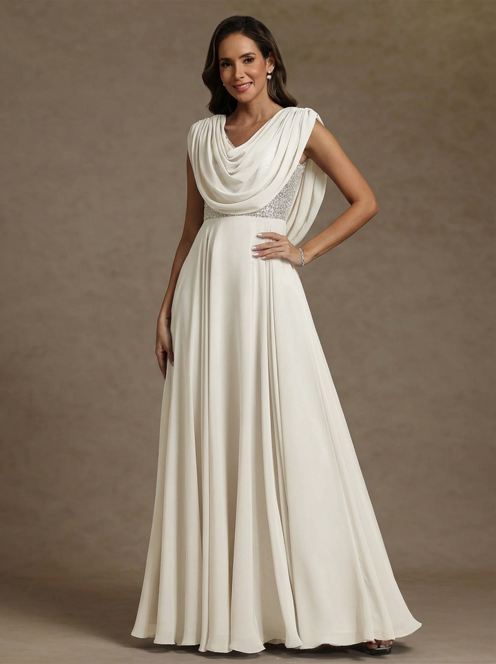 A-Line/Princess Cowl Neck Chiffon Mother of the Bride Dresses Floor-Length Sequins Sleeveless