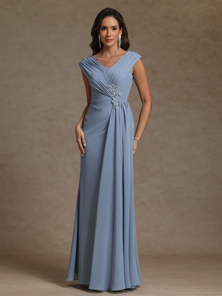 Sheath/Column V-Neck Chiffon Mother of the Bride Dressese Floor-Length Ruched Sleeveless Appliques