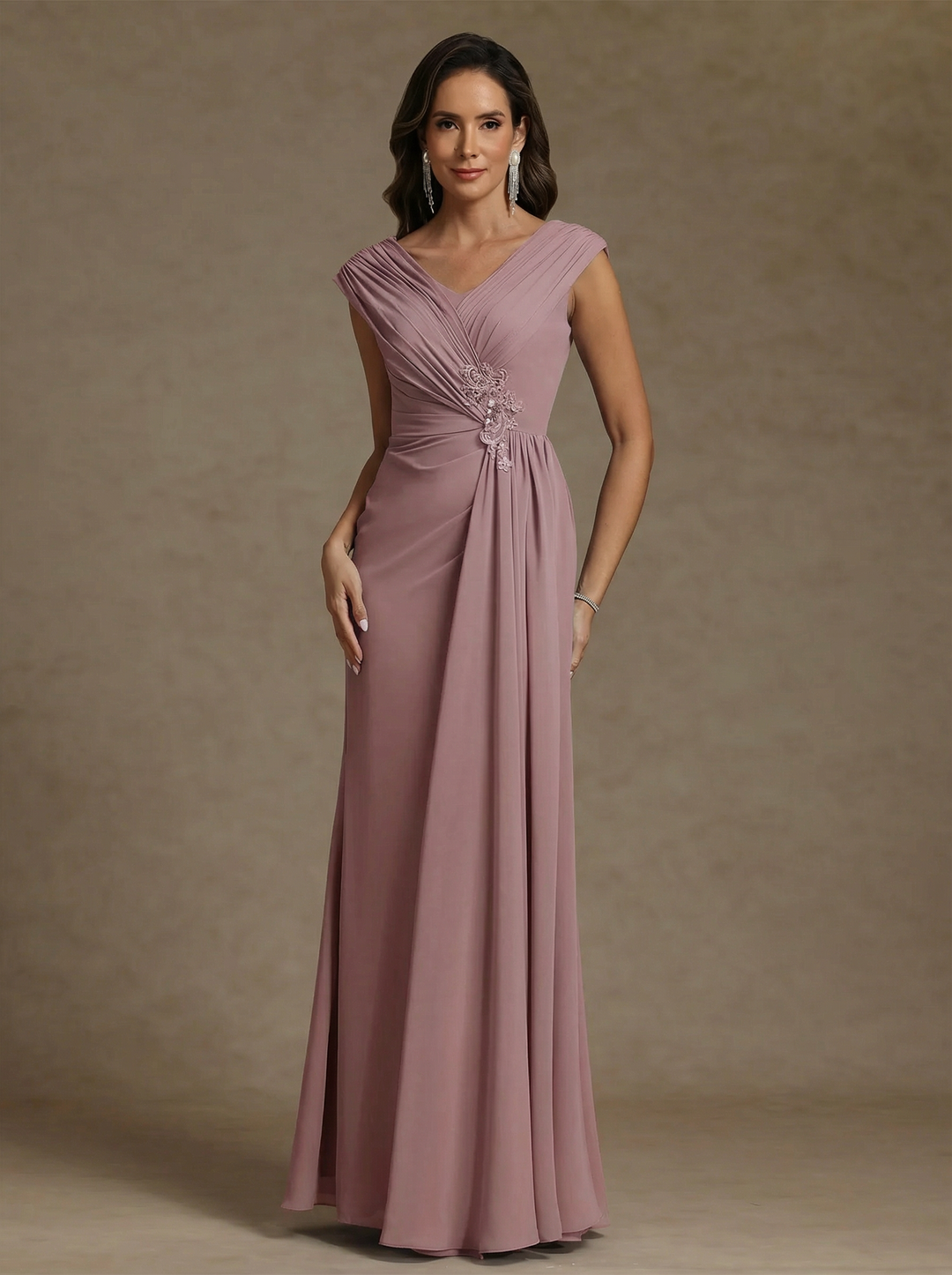 Sheath/Column V-Neck Chiffon Mother of the Bride Dressese Floor-Length Ruched Sleeveless Appliques