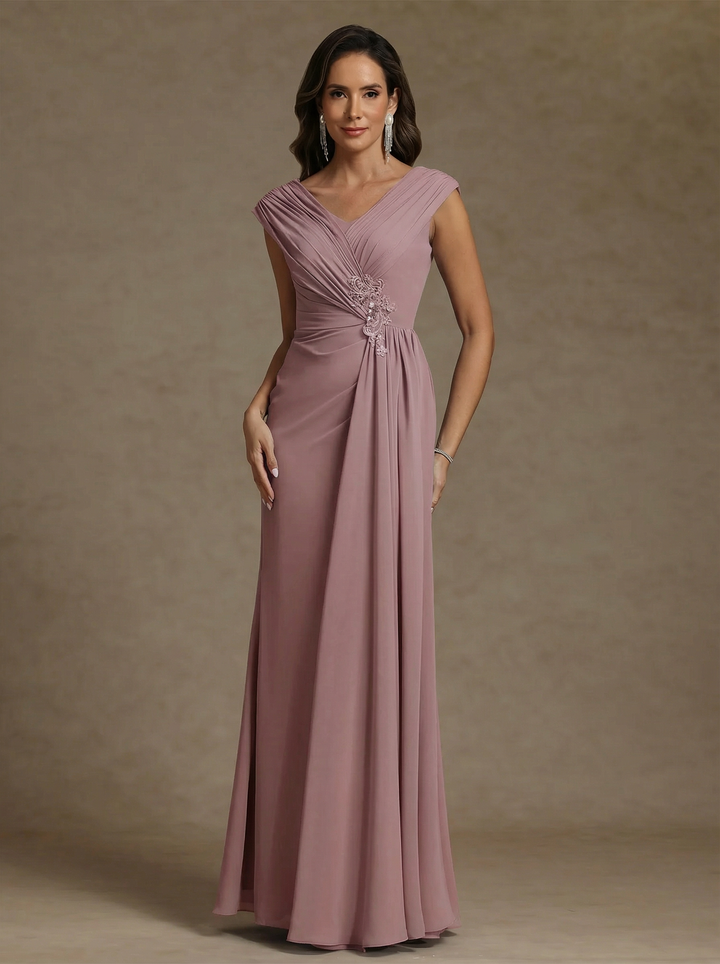 Sheath/Column V-Neck Chiffon Mother of the Bride Dressese Floor-Length Ruched Sleeveless Appliques