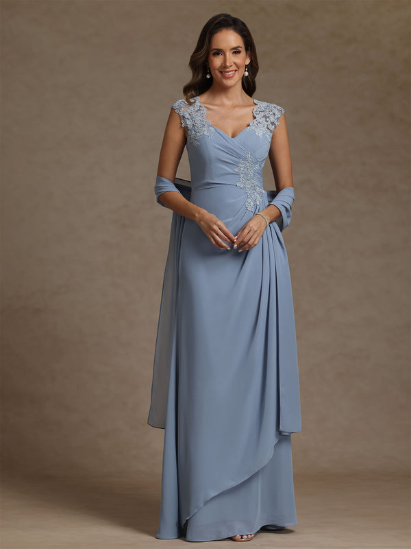 Light Blue Sheath/Column V-Neck Chiffon Mother of the Bride Dresses with Wrap Floor-Length Lace Ruched Ruffles Sleeveless