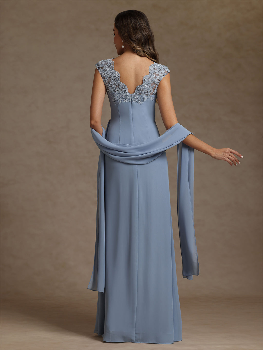 Sheath/Column V-Neck Chiffon Mother of the Bride Dresses with Wrap Floor-Length Lace Ruched Ruffles Sleeveless