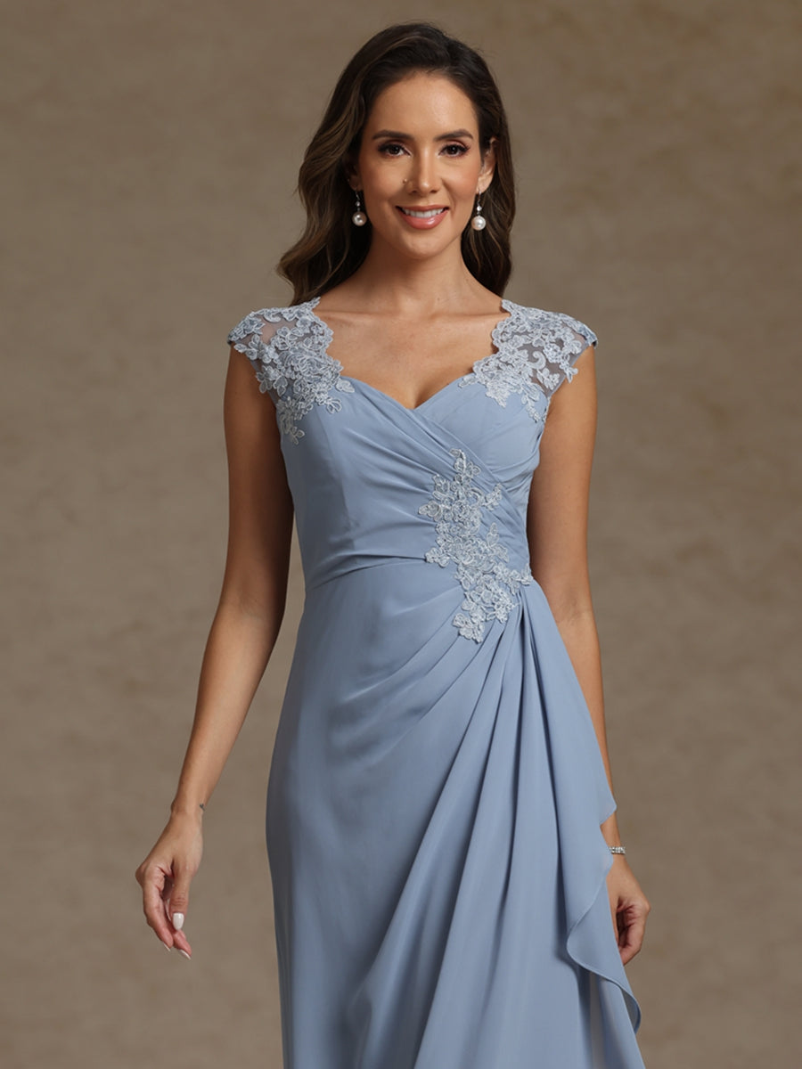 Sheath/Column V-Neck Chiffon Mother of the Bride Dresses with Wrap Floor-Length Lace Ruched Ruffles Sleeveless