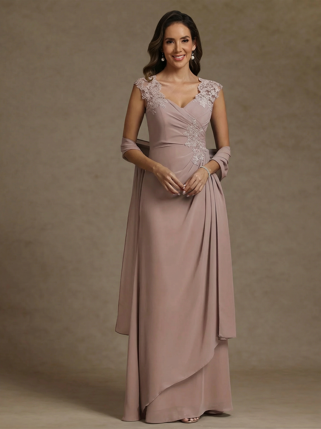 Sheath/Column V-Neck Chiffon Mother of the Bride Dresses with Wrap Floor-Length Lace Ruched Ruffles Sleeveless