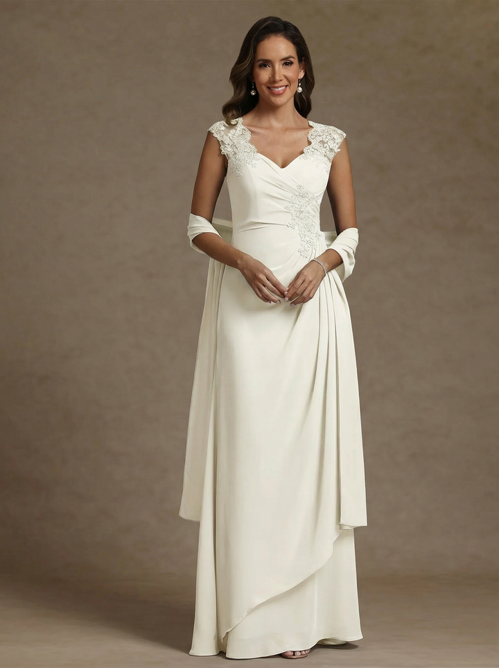 Sheath/Column V-Neck Chiffon Mother of the Bride Dresses with Wrap Floor-Length Lace Ruched Ruffles Sleeveless