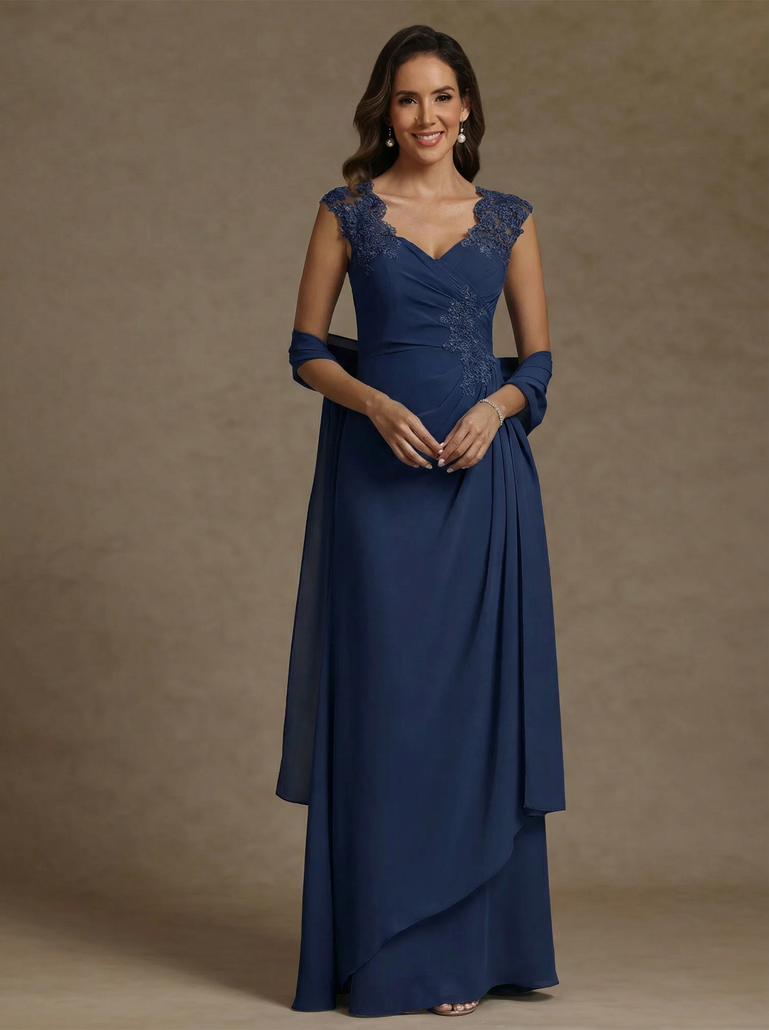 Sheath/Column V-Neck Chiffon Mother of the Bride Dresses with Wrap Floor-Length Lace Ruched Ruffles Sleeveless