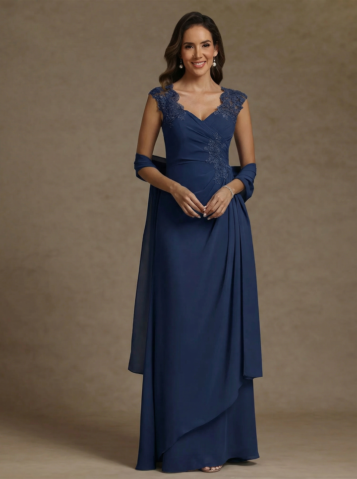 Sheath/Column V-Neck Chiffon Mother of the Bride Dresses with Wrap Floor-Length Lace Ruched Ruffles Sleeveless
