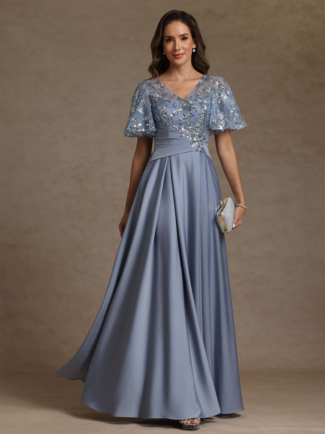 A-Line/Princess V-Neck Acetate Satin Mother of the Bride Dresses Sequins Floor-Length Short Sleeves Ruched