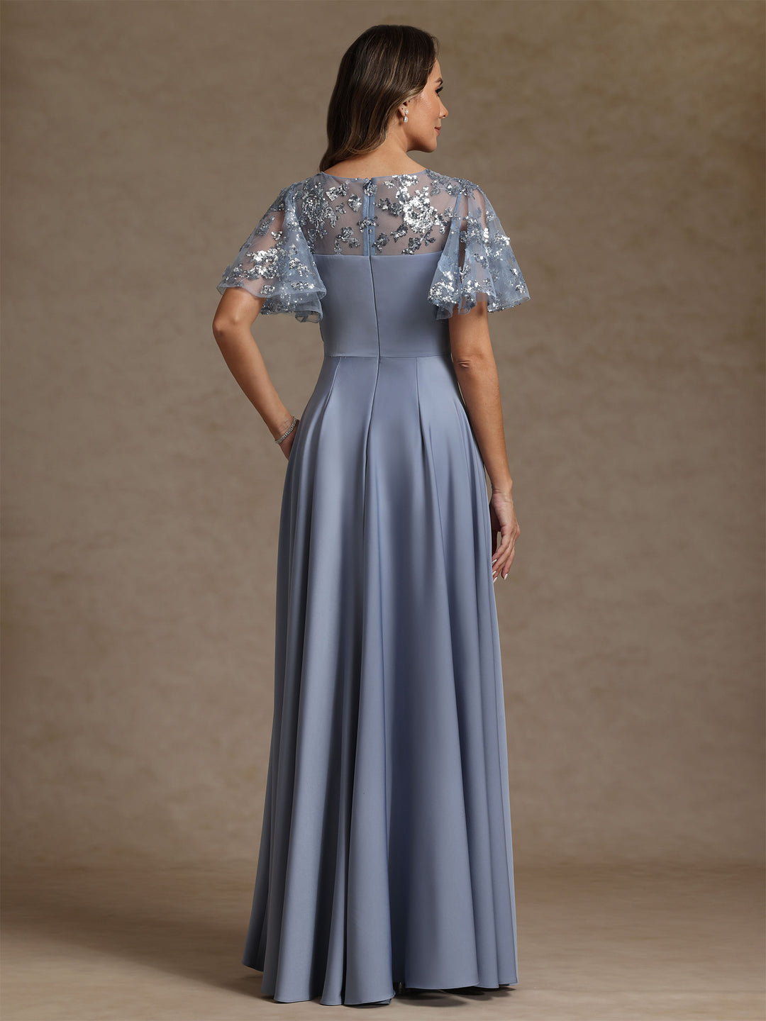 A-Line/Princess V-Neck Acetate Satin Mother of the Bride Dresses Sequins Floor-Length Short Sleeves Ruched