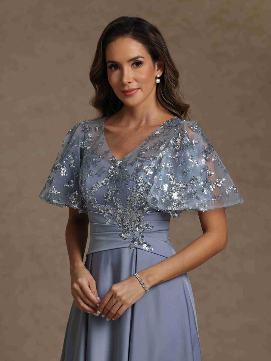 A-Line/Princess V-Neck Acetate Satin Mother of the Bride Dresses Sequins Floor-Length Short Sleeves Ruched