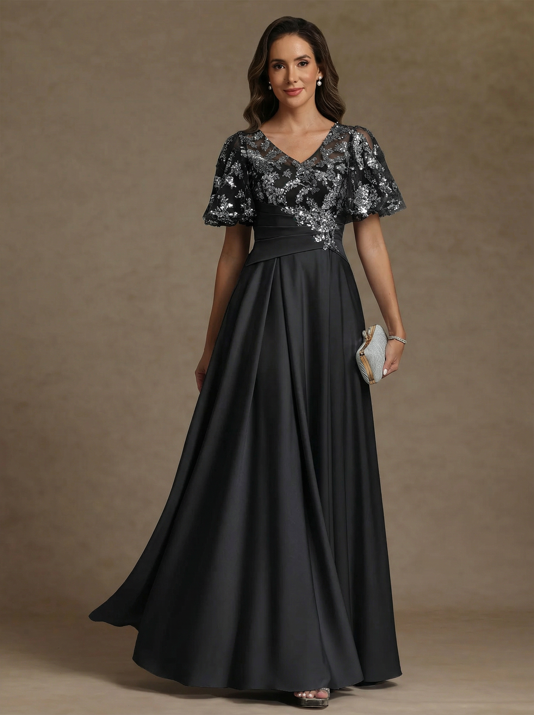 A-Line/Princess V-Neck Acetate Satin Mother of the Bride Dresses Sequins Floor-Length Short Sleeves Ruched
