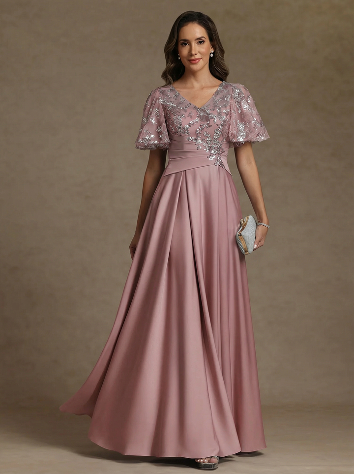 A-Line/Princess V-Neck Acetate Satin Mother of the Bride Dresses Sequins Floor-Length Short Sleeves Ruched