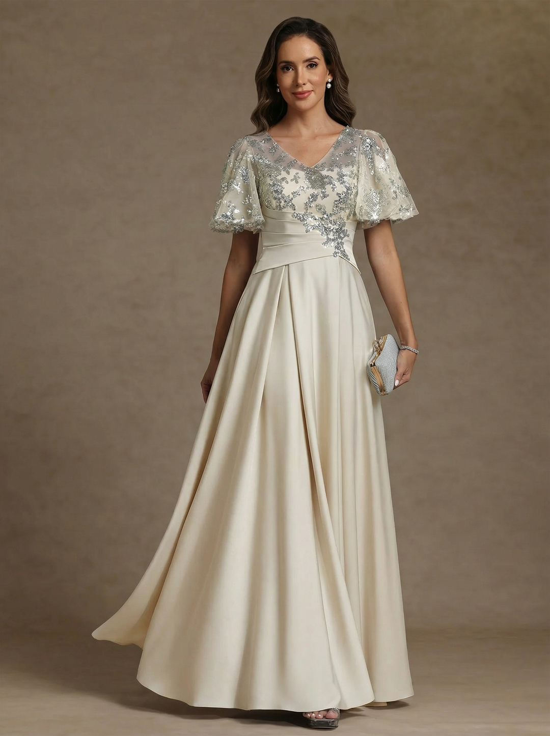 A-Line/Princess V-Neck Acetate Satin Mother of the Bride Dresses Sequins Floor-Length Short Sleeves Ruched