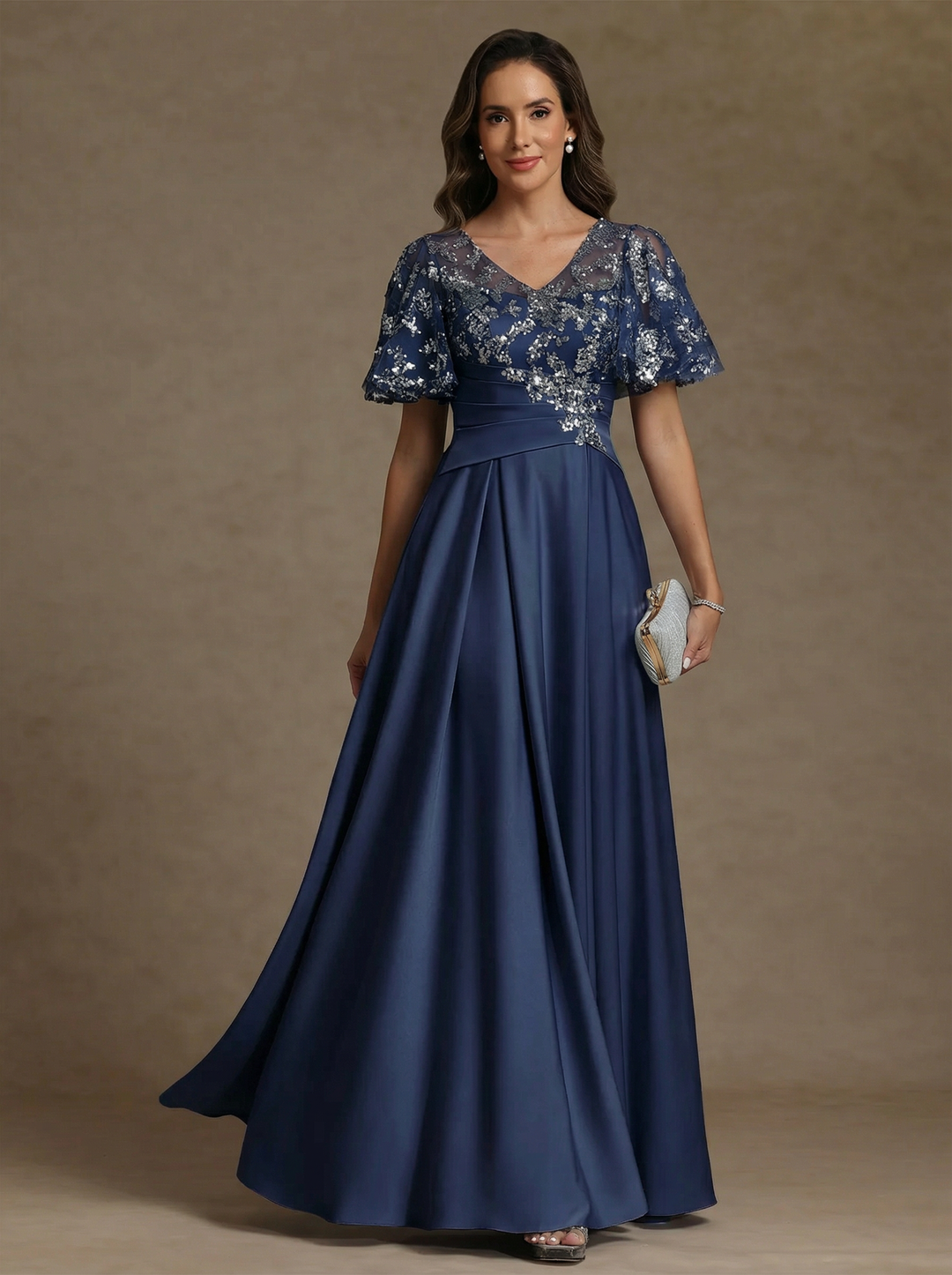 A-Line/Princess V-Neck Acetate Satin Mother of the Bride Dresses Sequins Floor-Length Short Sleeves Ruched