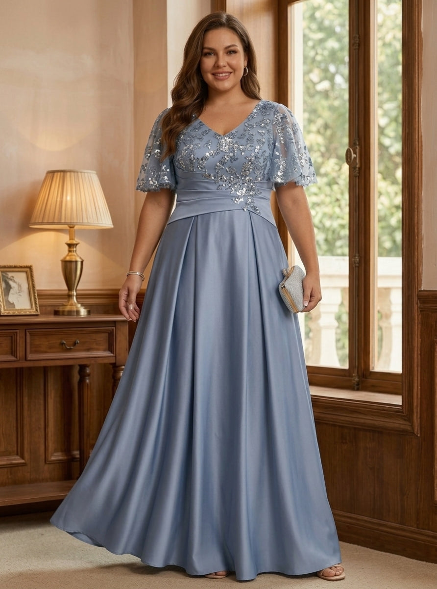 A-Line/Princess V-Neck Acetate Satin Plus Size Mother of the Bride Dresses Sequins Floor-Length Short Sleeves Ruched, As Pic