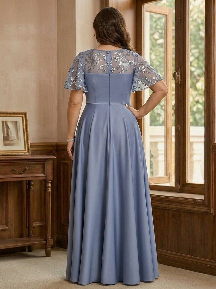 A-Line/Princess V-Neck Acetate Satin Plus Size Mother of the Bride Dresses Sequins Floor-Length Short Sleeves Ruched