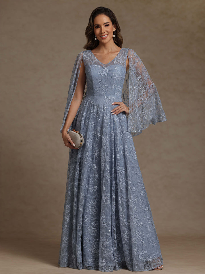 A-Line/Princess V-Neck Chiffon Mother of the Bride Dresses Lace Floor-Length Cape Sleeves Floral