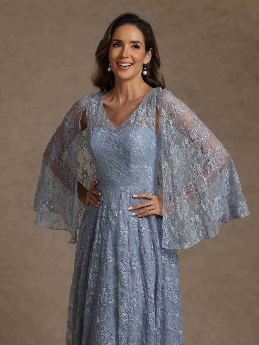 A-Line/Princess V-Neck Chiffon Mother of the Bride Dresses Lace Floor-Length Cape Sleeves Floral