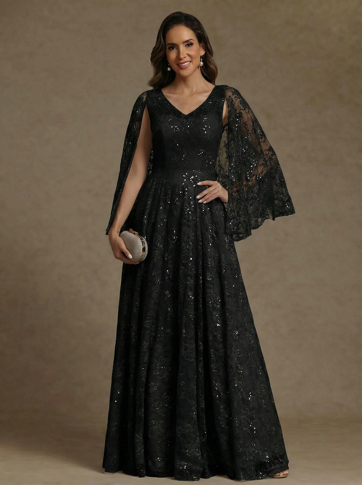 A-Line/Princess V-Neck Chiffon Mother of the Bride Dresses Lace Floor-Length Cape Sleeves Floral