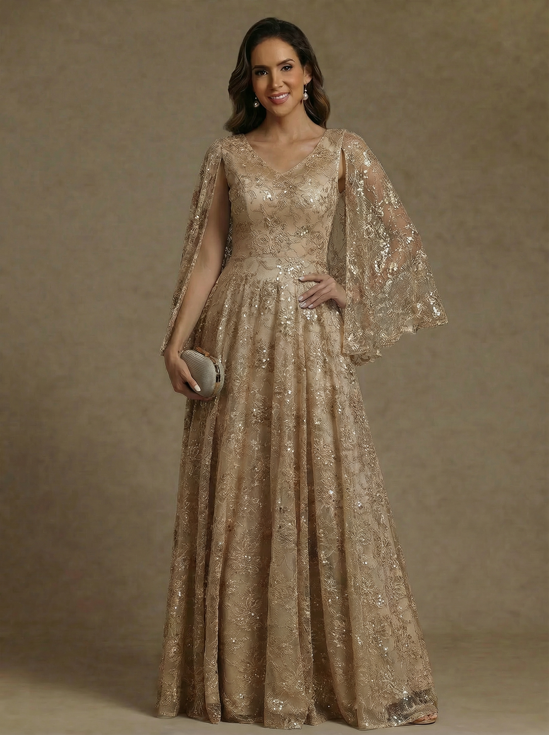 A-Line/Princess V-Neck Chiffon Mother of the Bride Dresses Lace Floor-Length Cape Sleeves Floral