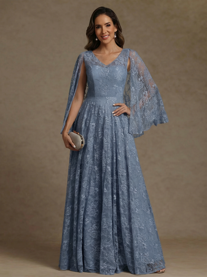 A-Line/Princess V-Neck Chiffon Mother of the Bride Dresses Lace Floor-Length Cape Sleeves Floral