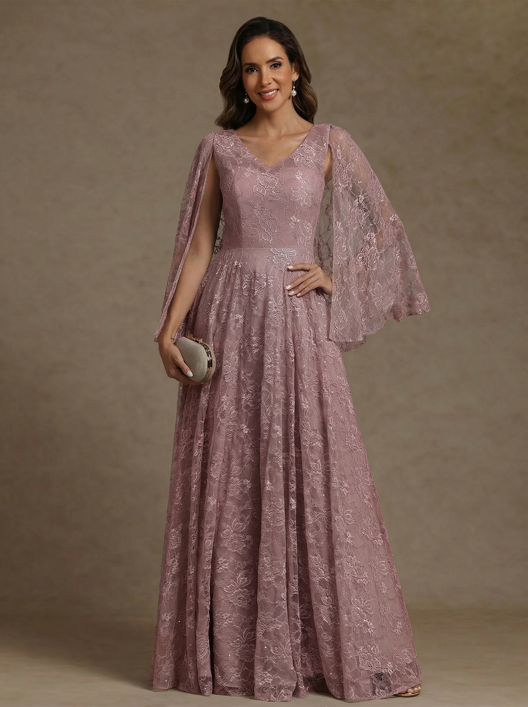 A-Line/Princess V-Neck Chiffon Mother of the Bride Dresses Lace Floor-Length Cape Sleeves Floral