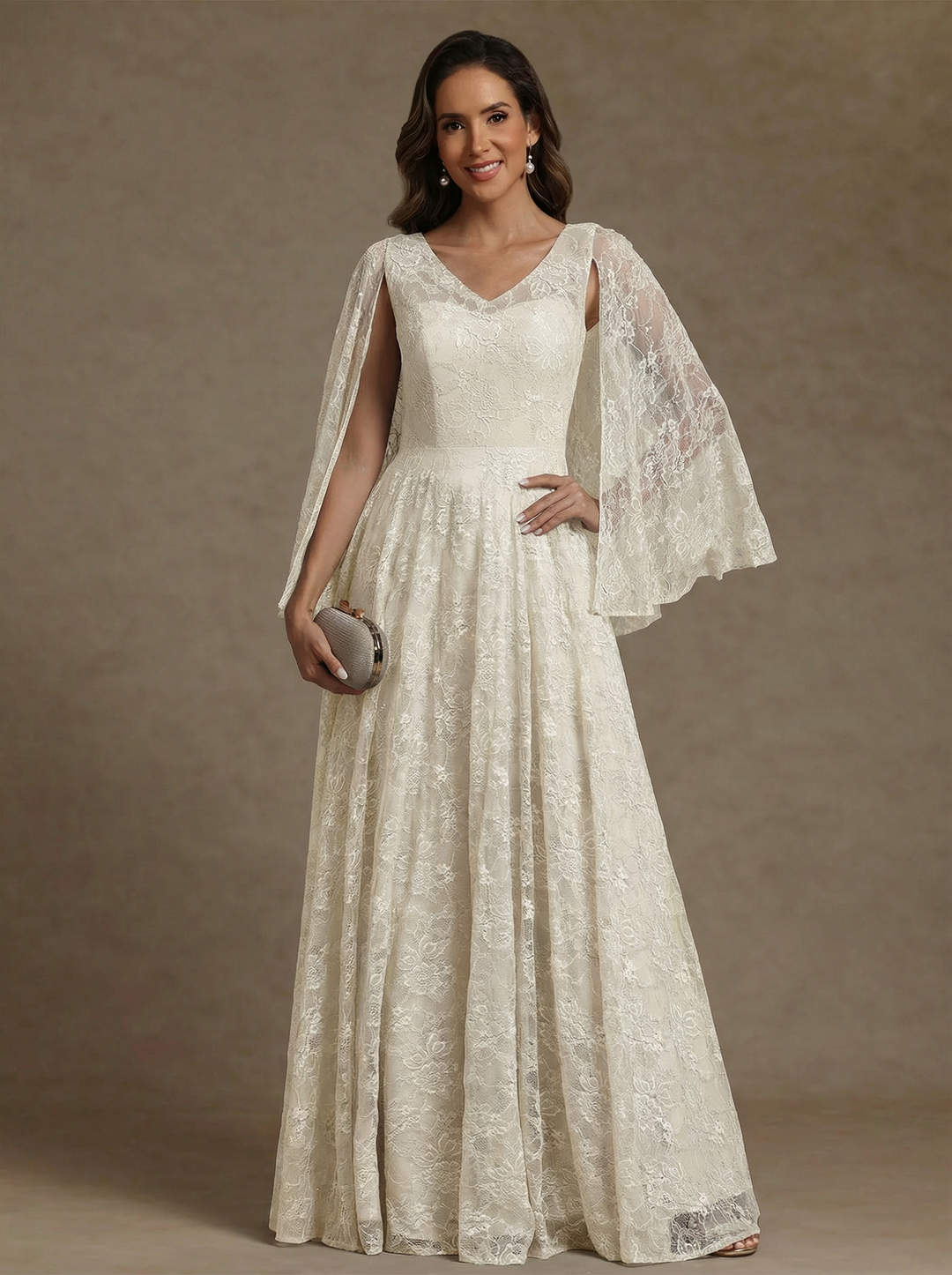 A-Line/Princess V-Neck Chiffon Mother of the Bride Dresses Lace Floor-Length Cape Sleeves Floral