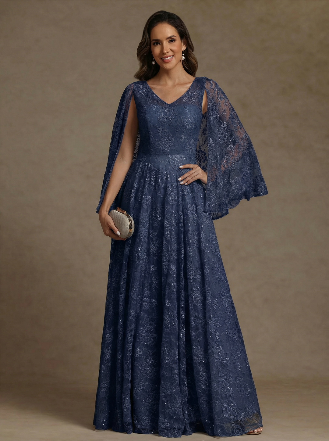 A-Line/Princess V-Neck Chiffon Mother of the Bride Dresses Lace Floor-Length Cape Sleeves Floral