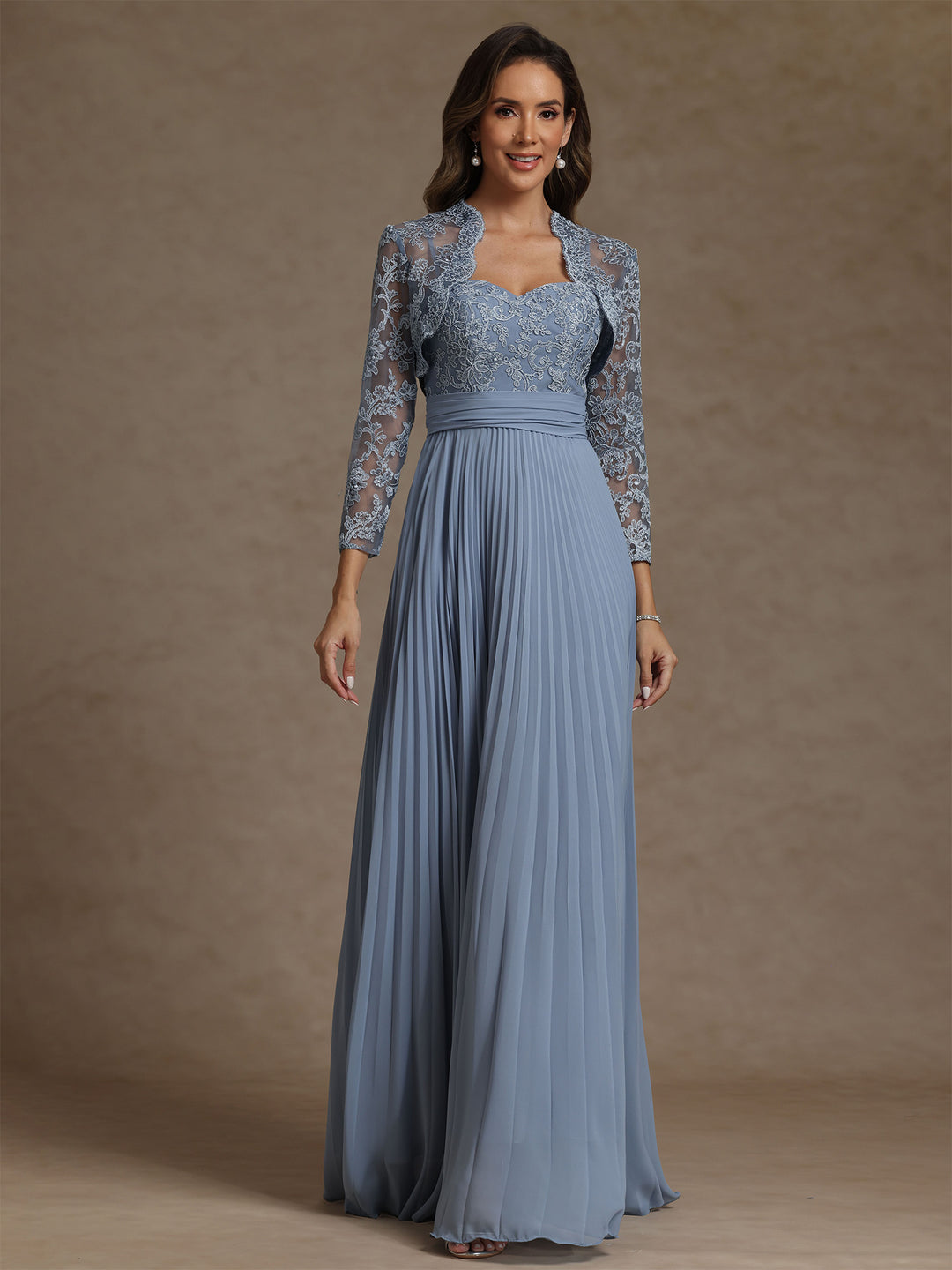 Sheath/Column Sweetheart Chiffon Mother of the Bride Dresses with Jacket Floor-Length Lace Pleated Long Sleeves