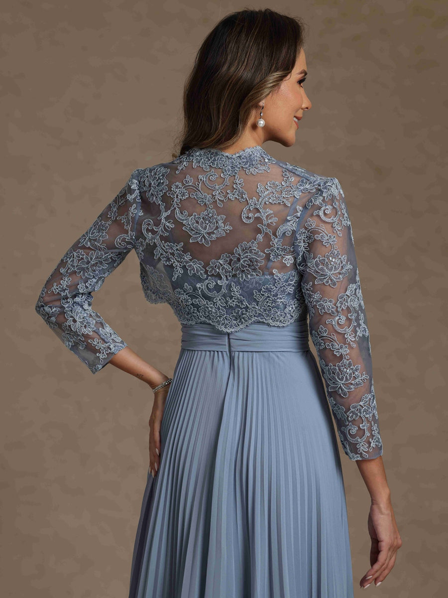 Sheath/Column Sweetheart Chiffon Mother of the Bride Dresses with Jacket Floor-Length Lace Pleated Long Sleeves