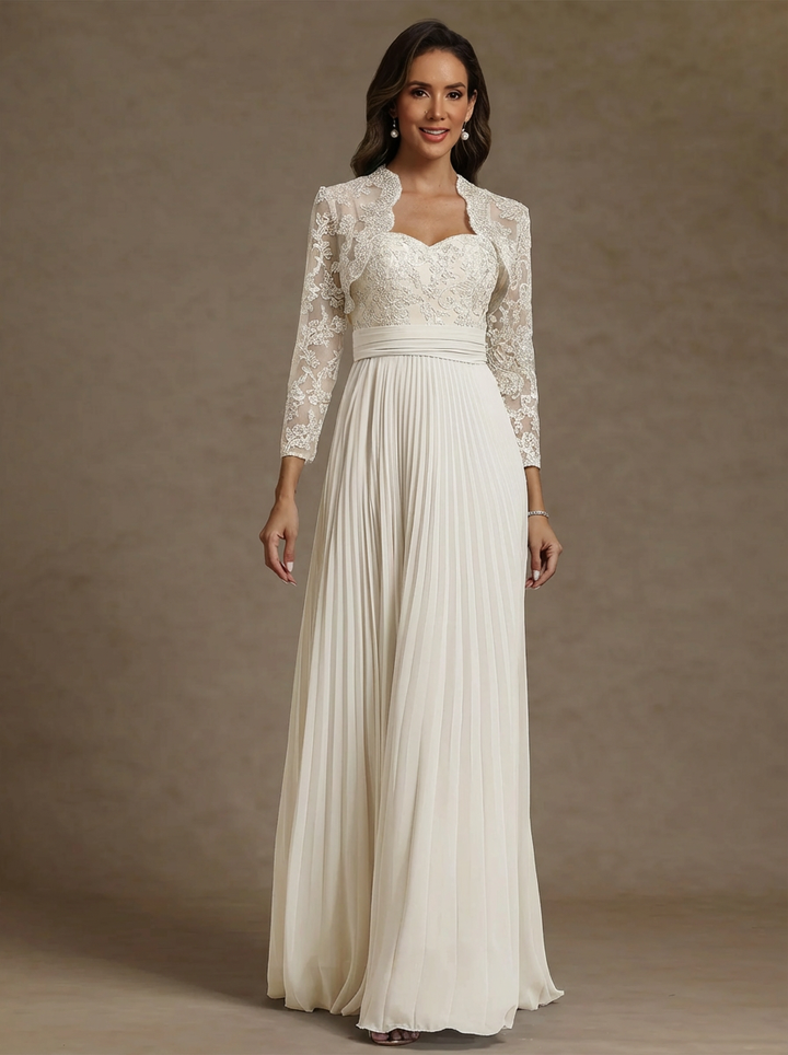 Sheath/Column Sweetheart Chiffon Mother of the Bride Dresses with Jacket Floor-Length Lace Pleated Long Sleeves