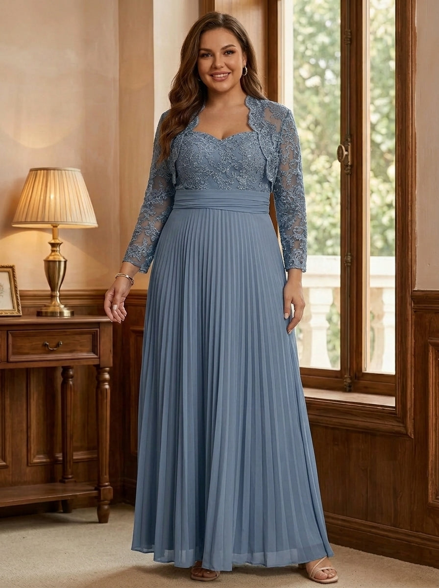 Sheath/Column Sweetheart Chiffon Plus Size Mother of the Bride Dresses with Jacket Floor-Length Lace Pleated Long Sleeves, Light Blue