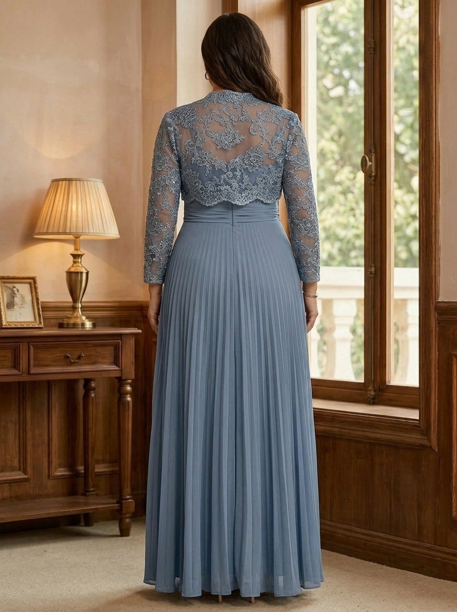 Sheath/Column Sweetheart Chiffon Plus Size Mother of the Bride Dresses with Jacket Floor-Length Lace Pleated Long Sleeves, Light Blue