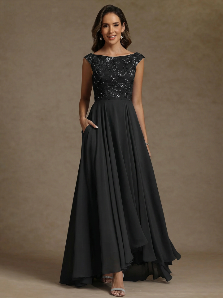 A-Line/Princess Scoop Chiffon Mother of the Bride Dresses Lace Sequins Floor-Length Sleeveless Pleated